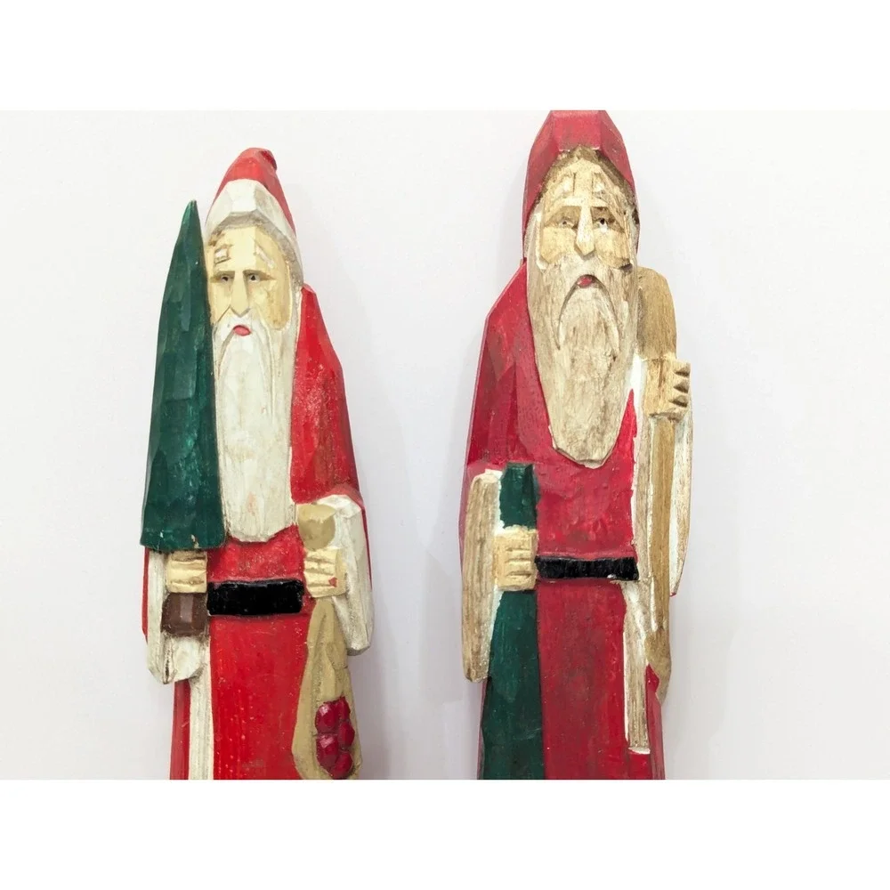 MIDWEST CANNON FALLS Carved Wooden Santa Set of 2 Folk Art Primitive Christmas